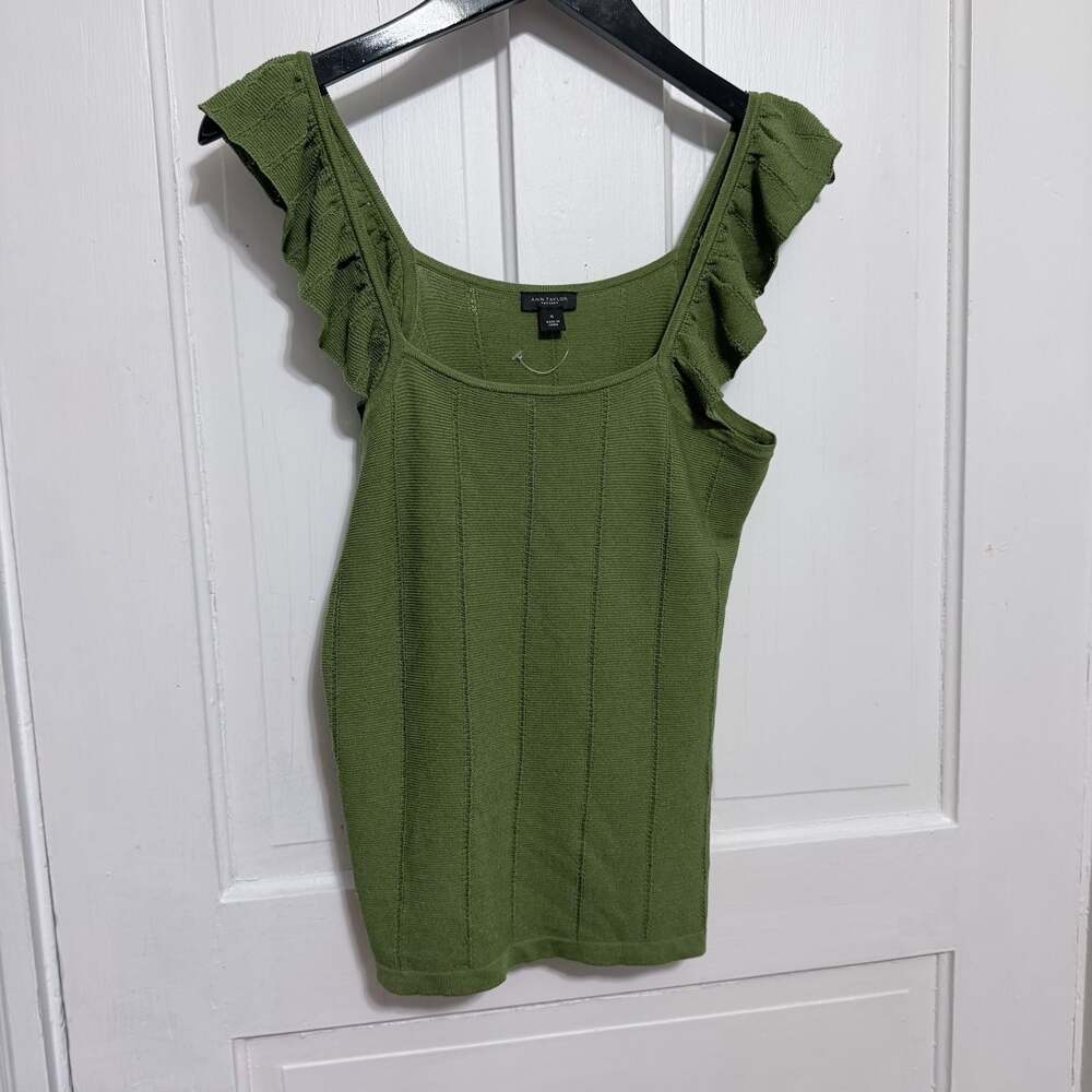 Ann Taylor Factory Green Knit Ruffle Strap Square Neck Tank Top Size M